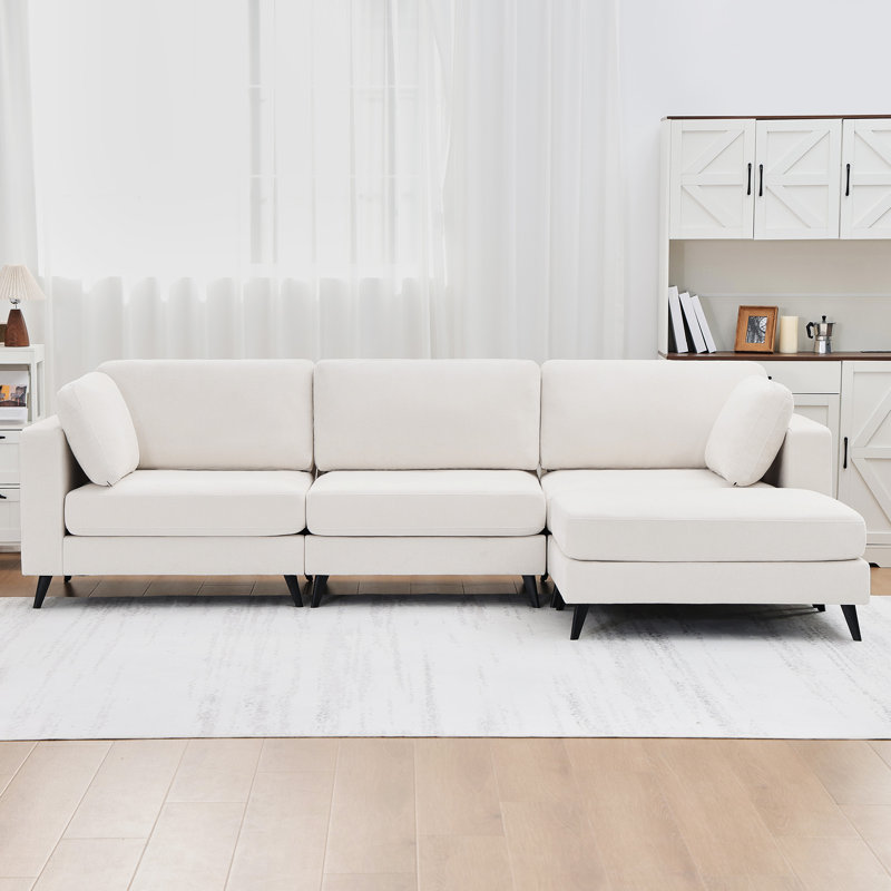 Modern L-Shaped Sectional Sofa With Movable Ottoman, Mélange de polyester beige