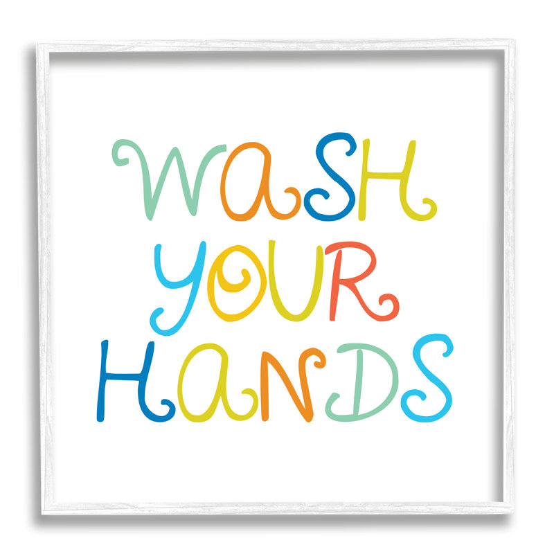 «Whimsical Kids Bathroom», phrase «Wash your Hands Rules», surdimensionnée encadrée noire, art texturé par Daphne Polselli