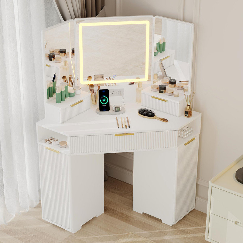 Corner Vanity with Mirror & Lights - Fluted Makeup Table with Charging Station, White