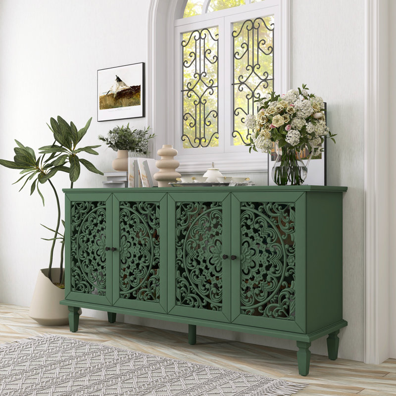 Buffet antique 60 "avec sculpture florale - Meuble télé et buffet en bois massif, Vert