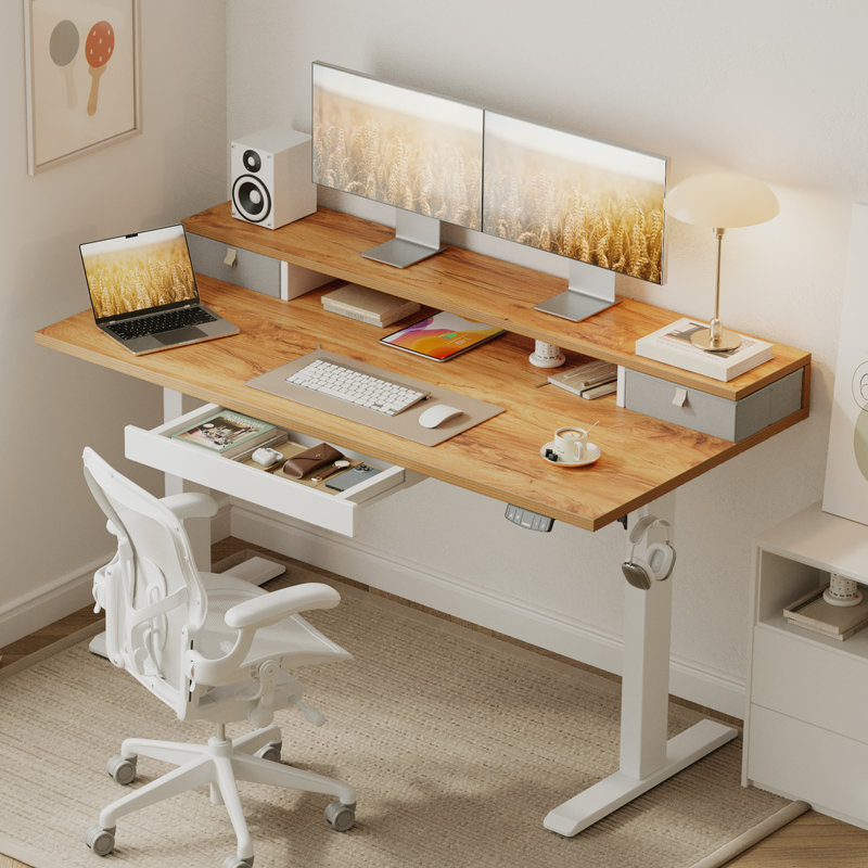 Electric Height Adjustable Desk with Storage Shelf,Standing Desk with 3 Drawers for Home Office, Light Rustic Brown/White
