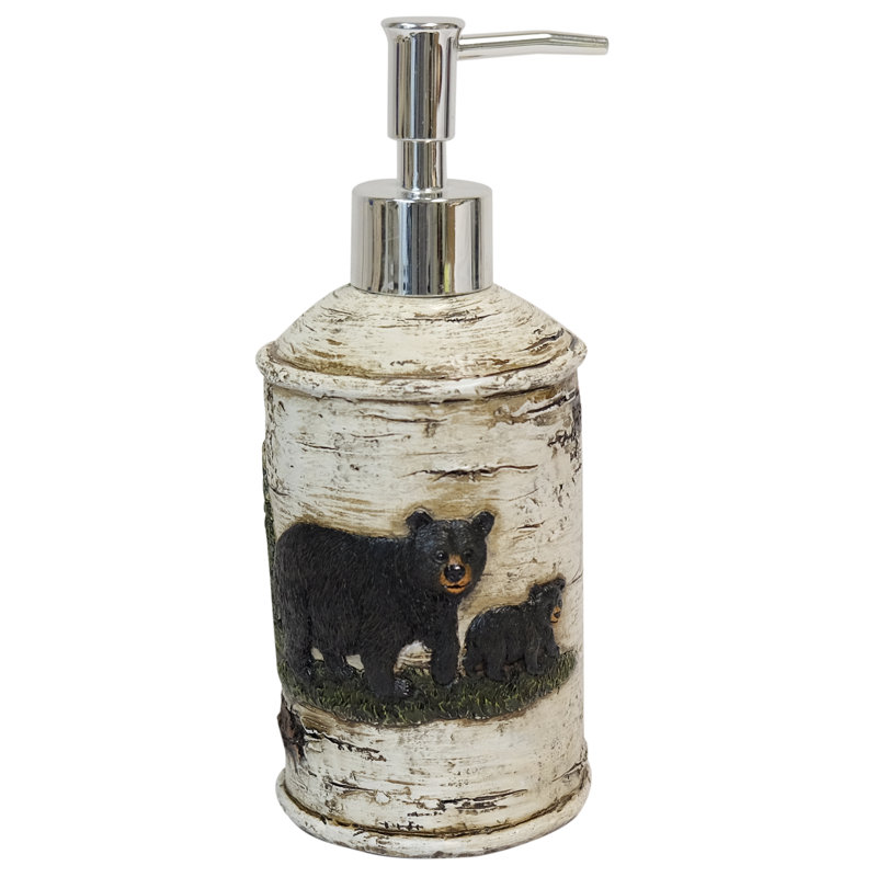 Black Bear Family on Polyresin Birch Wood Background Pump Bottle Lotion / Soap Dispenser