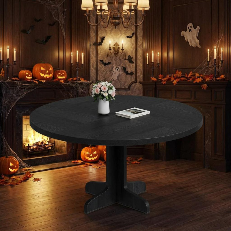 Round Dining Table, 119.9-cm Wooden Kitchen Table for 4-6 People, Farmhouse Circle Dinner Tables with Wooden Tabletop and Legs, No Shaking Easy Assemble for Dining Room Kitchen Living Room