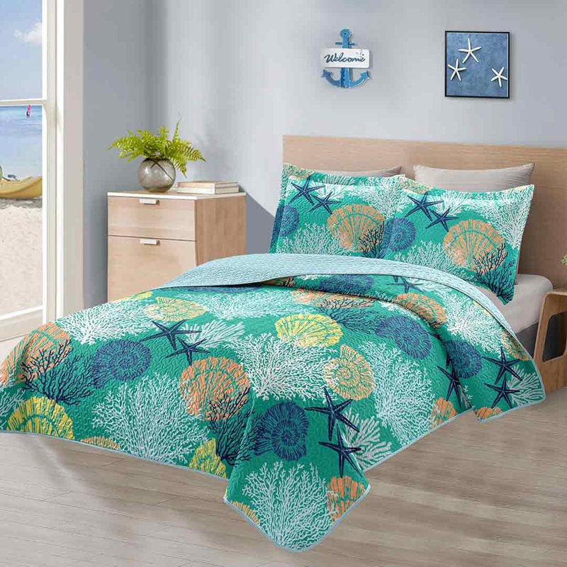 King Size Green Coastal Reversible Microfiber Quilt Set
