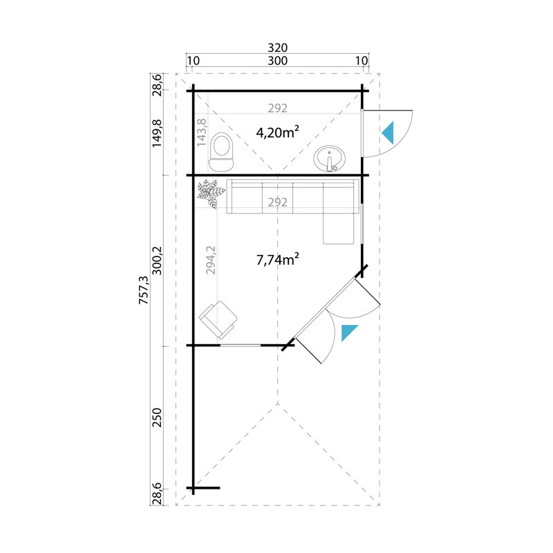 Aruba - 23 x 10 Ft. Hipped Roof Premium Log Cabin With Single Glazing (40mm), Right