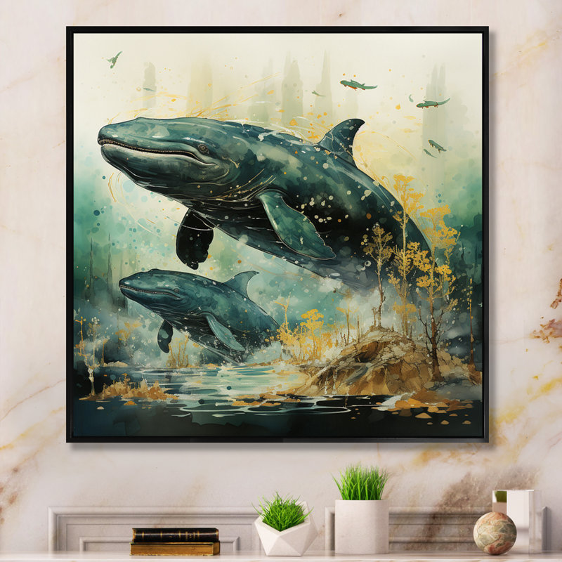Grey Teal Marine Animals Whispering Whales - Animals Canvas Wall Art, H 24 po x l 24 po x P 1 po