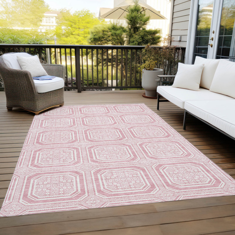 Pink and White Rectangular Washable Synthetic Rug