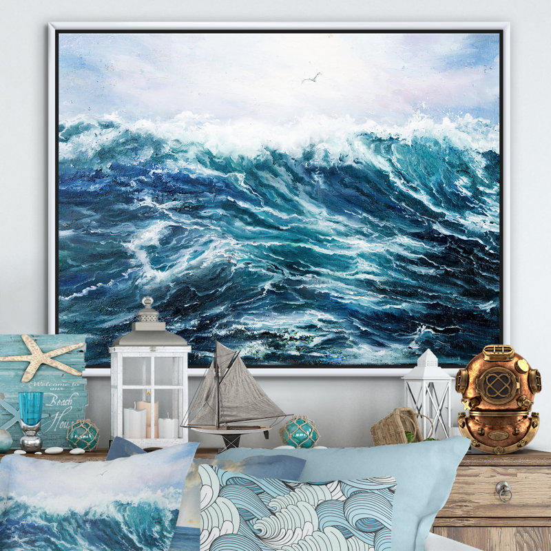 Wild Blue Ocean Waves I - reproduction d'art sur toile, H 12 po x l 20 po x p 1 po, Toile blanche encadrée