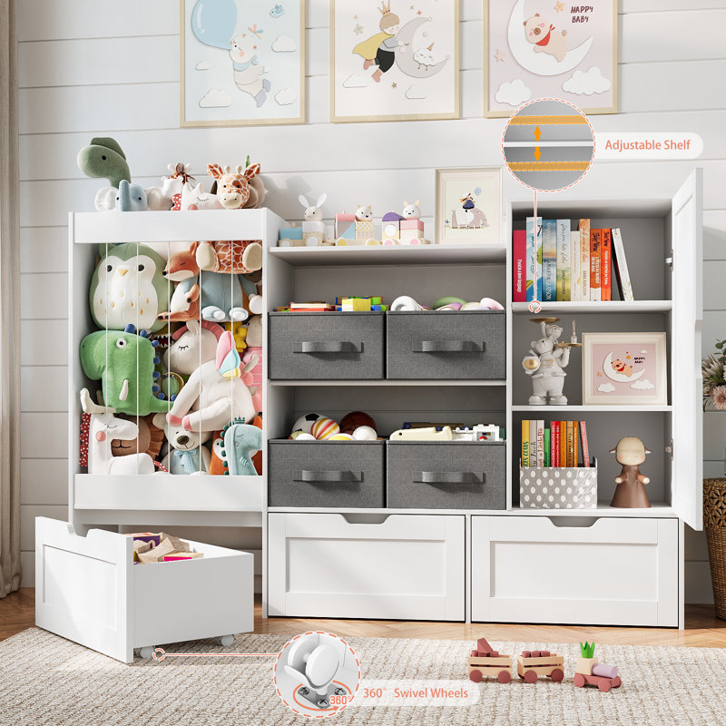 41.3"H Toys Storage Organizer, Stuffed Animal Storage, 3 Large Movable Drawers, 4 Fabric Storage Bins and Magnetic Drawing Board with Cube Storage Cabinet for Kids Room, Playroom, Bedroom(White)