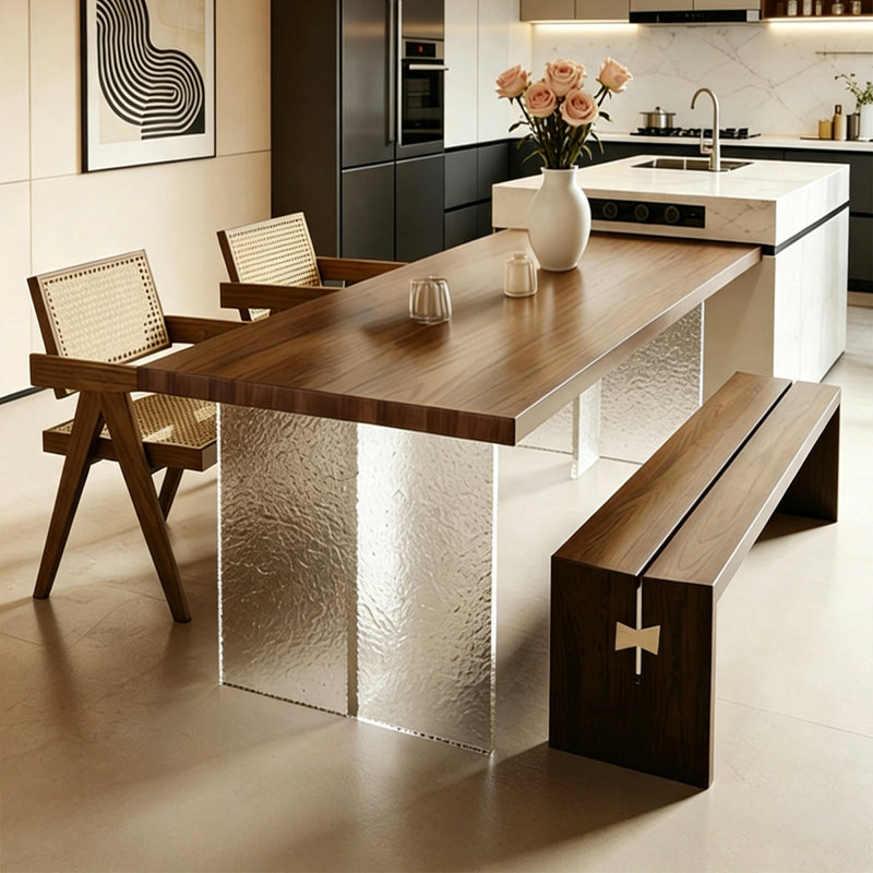 Table de salle à manger rectangulaire en bois massif brun avec piètement traîneau, H 29,53 po x L 78,74 po x l 31,50 po