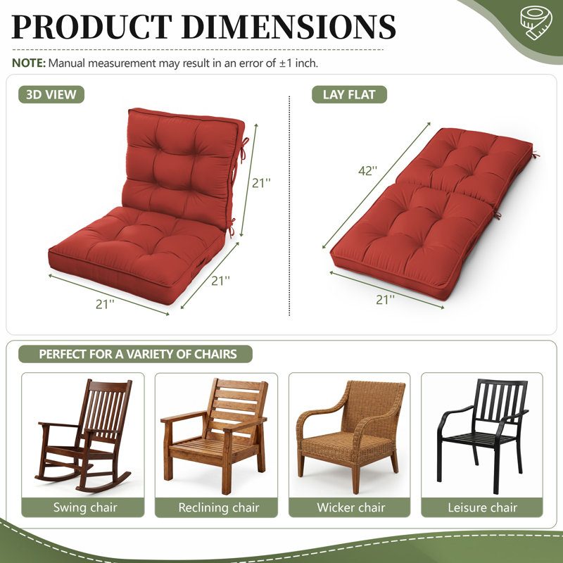 Anjelyka 20"W X 20"D Outdoor Cushions Indoor And Outdoor Seat/Back Cushion, Upgraded Filled Patio Chair Cushions, Rust Red, 2