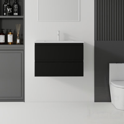 Meuble-lavabo flottant avec lavabo, tiroir à fermeture en douceur, lavabo en céramique, contreplaqué