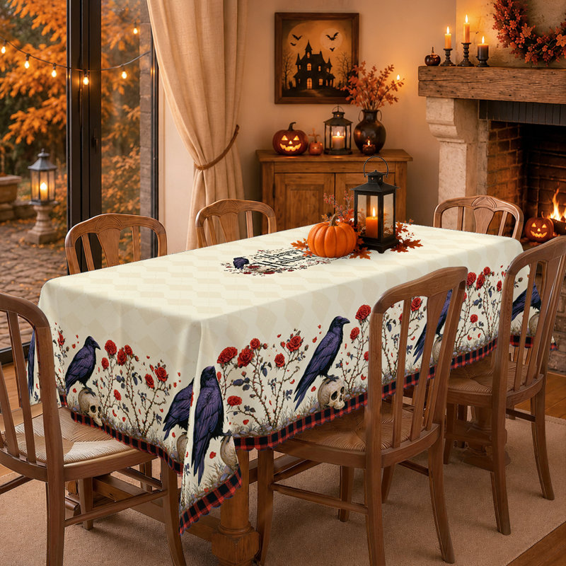 Nappe gothique vintage d'Halloween - Chemin de table à bordure florale avec corbeau, crâne et roses rouges.