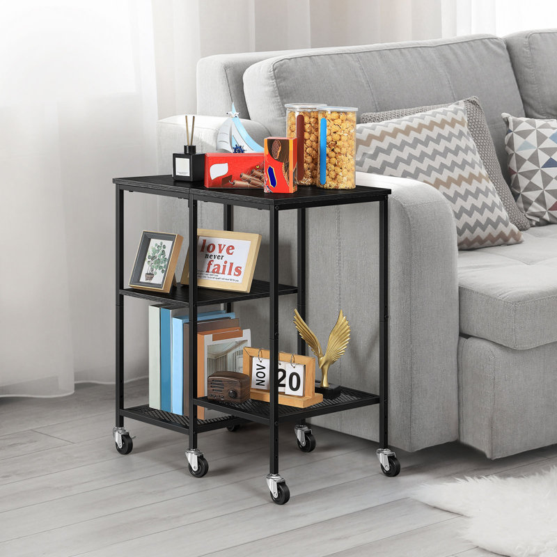 Chariot utilitaire roulant à 3 niveaux avec roulettes, 2 tablettes en maille métallique, rangement noir