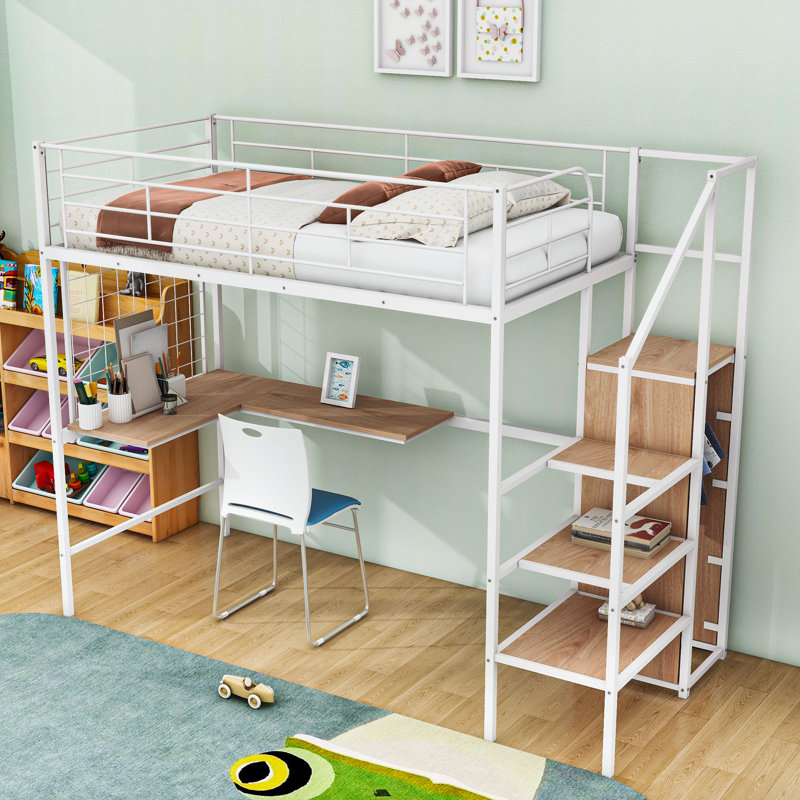 Metal Loft Bed With LED Lighting, Built-In Desk,Staircase, And Wardrobe, Twin, White