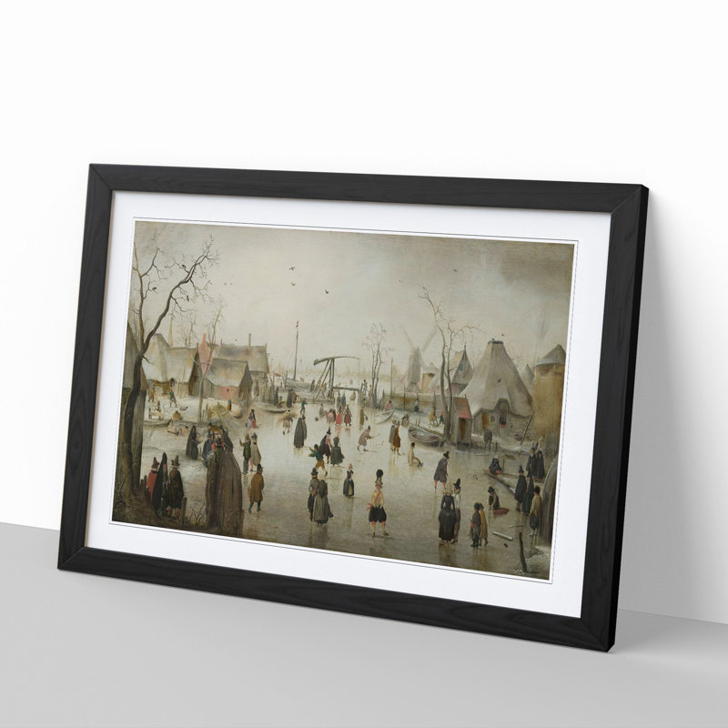 Ice-Skating in a Village by Hendrick Avercamp - Picture Frame Painting, 36cm H x 48cm W x 2cm D, Black Framed