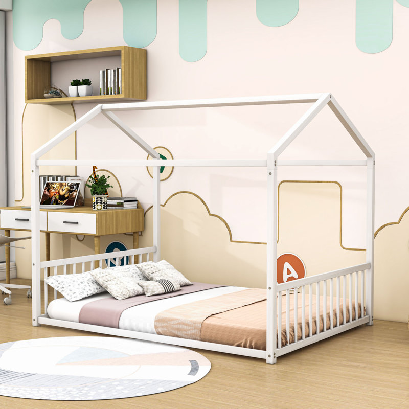 Montessori-Inspired Metal Floor Bed Frame With Roof, Full, White