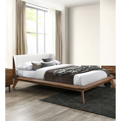 Lit plateforme en noyer de style Mid-Century moderne pour très grand lit, revêtement en bois massif et bouclé, tête de lit à oreilles en tissu, cadre de lit très grand à pieds fuselés, conception, bois, tête de lit à panneau