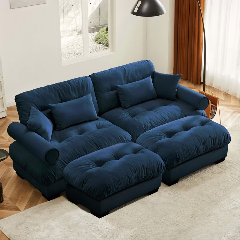 Canapé moderne à 2 places avec 2 repose-pieds et coussins, Bleu