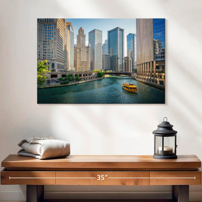 Bateau sur la rivière Sireci, Chicago, H 16 po x l 24 po