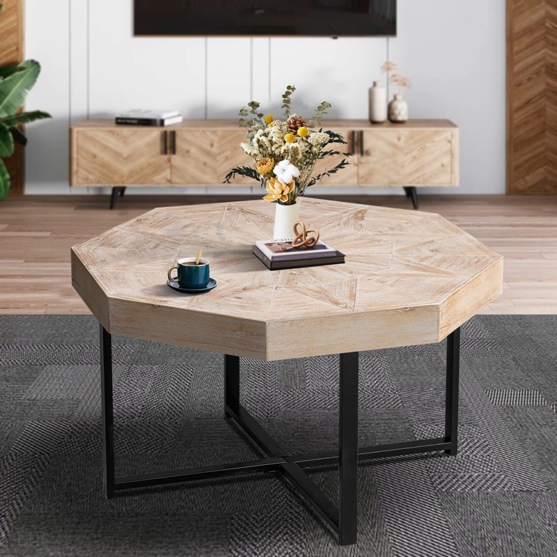 Wood Octagonal Vintage Patchwork Craft Farmhouse Coffee Table For Living Room, Oak Natural Wood
