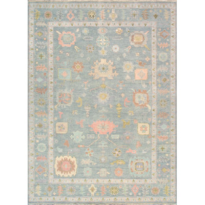 Wool Oriental Area Rug in Light Blue/Pink/Moss