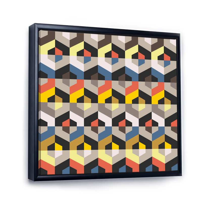 " Yellow Blue And Orange Geometrics ", Black Floater Frame, 36" H x 36" W x 1" D
