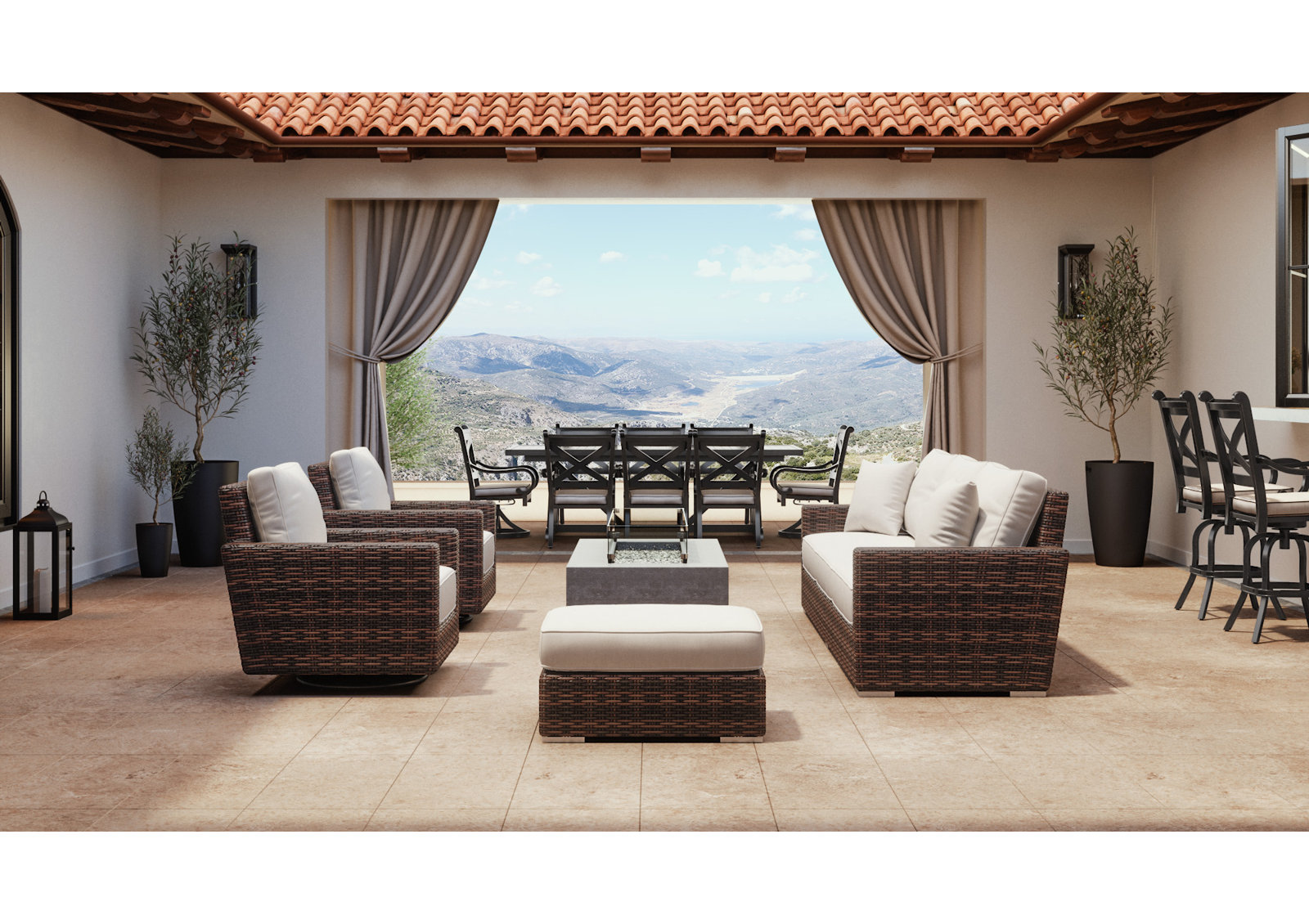 Upholstered Outdoor Ottoman with Cushion, Canvas Flax Sunbrella® Canvas
