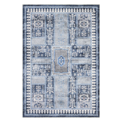 Large Vintage Washable Area Rug 9x12 Floral Carpet Low Pile Foldable Mat for Bedroom Living Room Blue