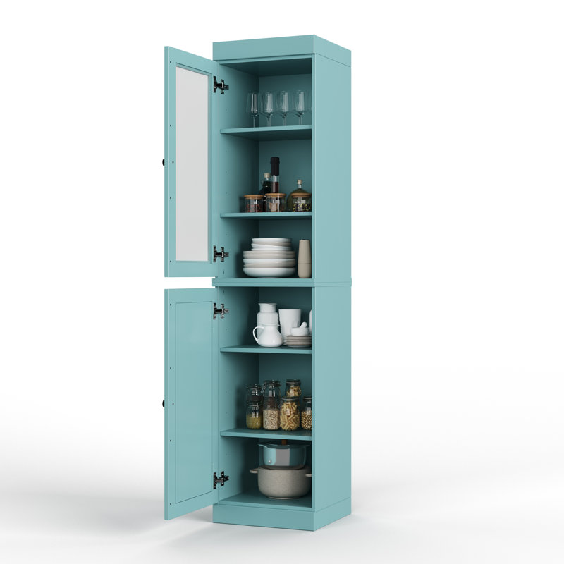 Garde-manger Jaylena 100% bois massif 16,5 po avec portes en verre massif dépoli et tablettes réglables, Bleu aqua