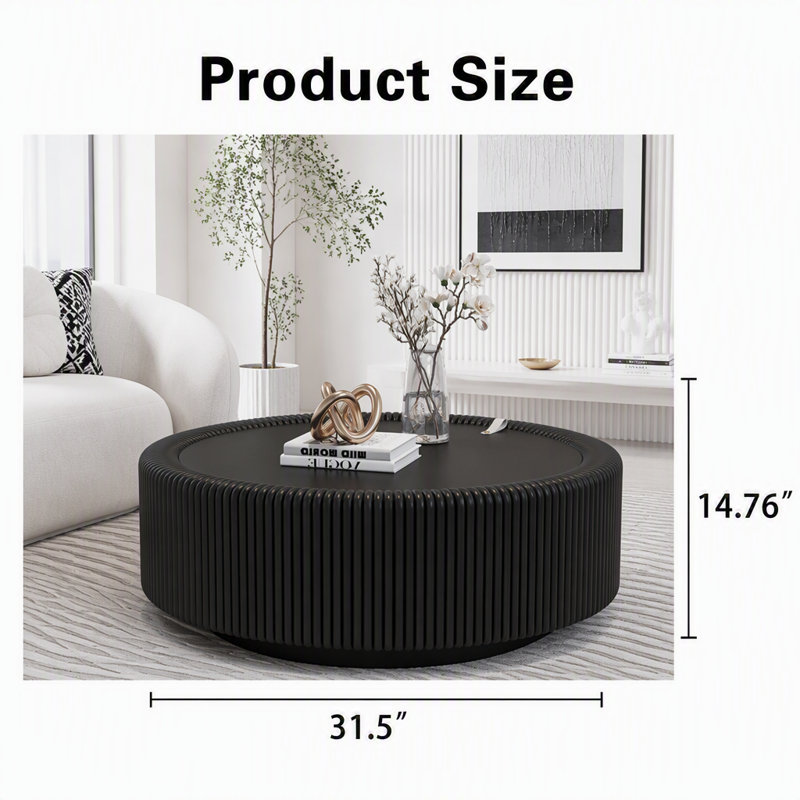 Table basse ronde noire cannelée avec plateau en verre trempé