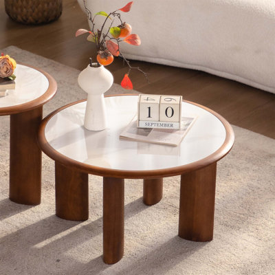 Table basse ronde en pierre frittée avec rebord en bois massif, design minimaliste moderne pour les salons et les appartements