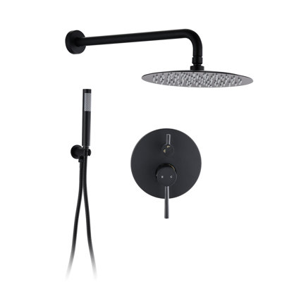 Douche murale noire matte avec têtes de pluie et à main de 10 po. Valve d'équilibre, poignée antidérapante, rotation sur 360 °. Matériaux. Débit de 1,8 gal / min. Bec pivotant. Compatible avec les normes américaines, noir.
