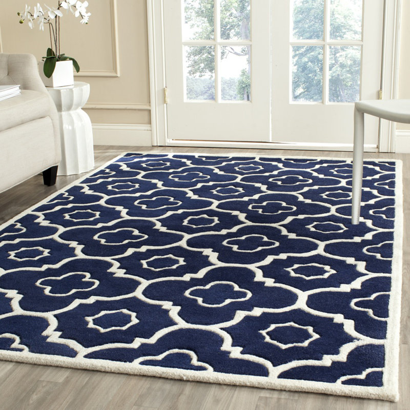 Tapis bleu foncé / ivoire en laine touffeté à la main Carolene, Rectangle 8 pi 9 po x 12 pi