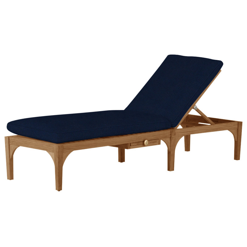 Chaise longue en teck avec roulettes Club - Teck naturel, Welt, Velours indigo, Teck naturel