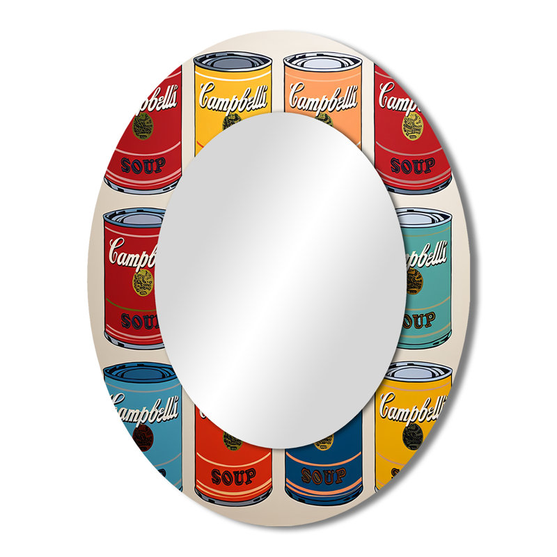 Pop Art Soup Collage II - miroir mural ovale rouge, H 43 po x l 33 po