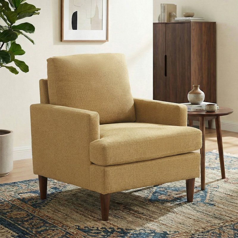 Fauteuil Clancy avec pieds en bois massif, Mocha Legs Yellow Fabric
