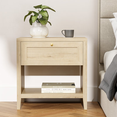 New Oak Nightstand, Single Drawer Wooden Bedside Table with Open Storage Shelf, Farmhouse End Side Table for Bedroom