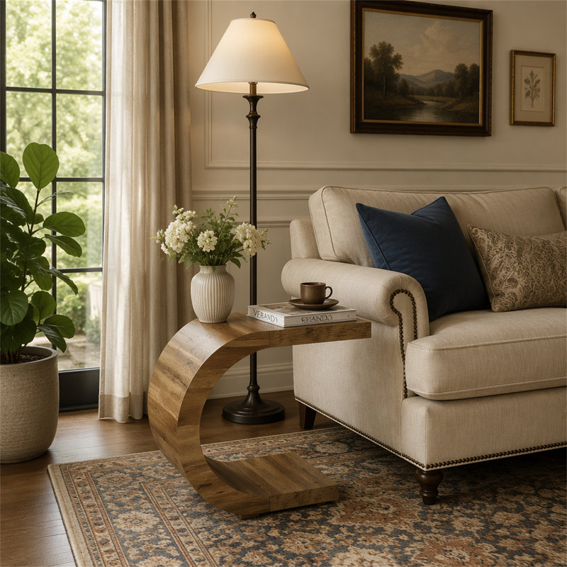 Table de bout en C, table d'appoint en bois, Brun rustique, Brun rustique, Brun rustique