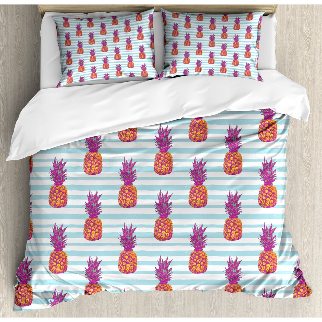 Bettbezug Set, Pop-Art Ananas auf Streifen, Modern, Dunkle Magenta und orange