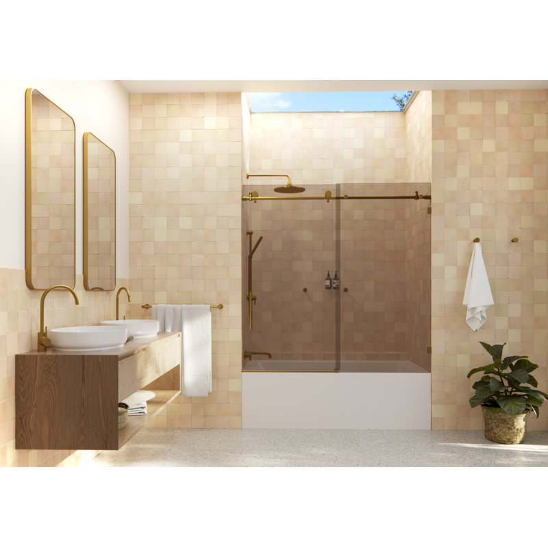Equinox 56 - 60 in. x 60 in. Fully Frameless Bronze Tinted Sliding Bathtub Door, Brass