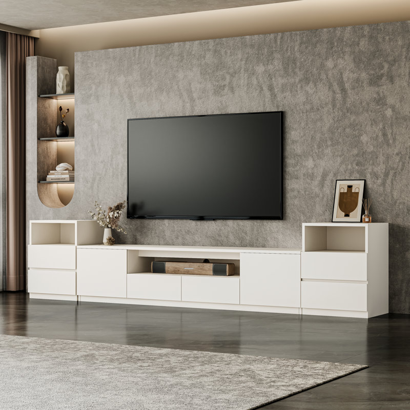 Modern 118.2'' White Entertainment Center For 55/58/65/70/75 Inch Tv, Wood Media Console Includes Tv Stand And Two Drawer Storage Cabinet Nightstand For Living Room Bedroom