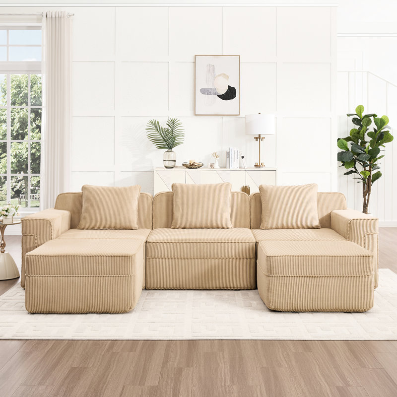 Désossé, modulaire en forme de U à 3 sièges, chameau velours côtelé, sans assemblage, sièges confortables, canapé modulaire large, velours côtelé modulaire ultra doux, coussins décoratifs et 2 repose-pieds