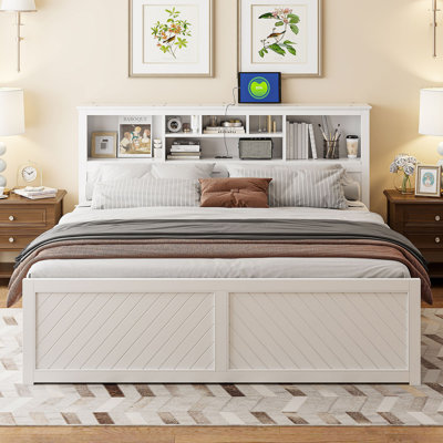 Wood Platform Bed With Multi-Storage Headboard USB And Drawers