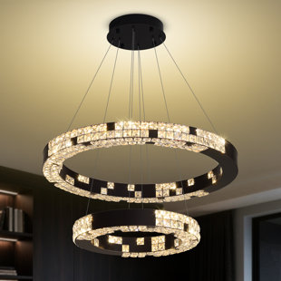 Modern Elegant Black 2 Ring Crystal Chandelier for Dining Room Dimmable 2700k-6000k