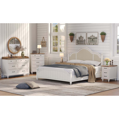 Ensemble de chambre à coucher 3 pièces, comprenant une commode à 5 tiroirs, une commode à 6 tiroirs et une table de chevet avec tiroir et armoire, blanc cassé
