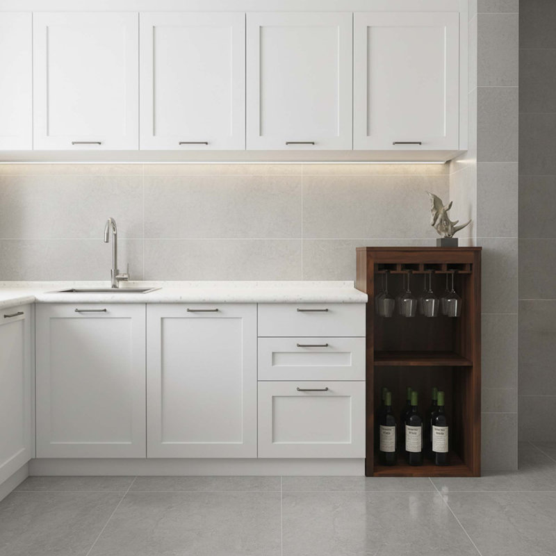 Armoire à vin modulaire en noyer brun avec huche et tablettes de rangement pour la salle à manger