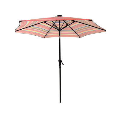 Parasol de patio de 9 pi avec auvent rayé rouge, lumières à DEL solaires, 6 nervures en acier, système à manivelle, inclinaison à bouton-poussoir, évent, protection 40+, 180G / Sm, poteau de 1,49 po pour les espaces extérieurs résidentiels,