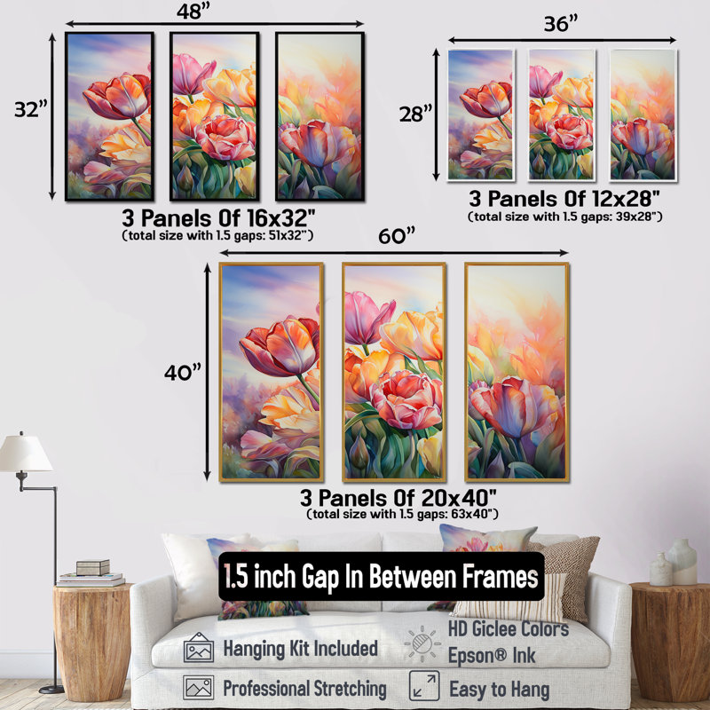 Tulipes coucher de soleil II - ensemble d'art mural tulipes, Cadre flottant noir, H 32 po x l 48 po x P 1 po