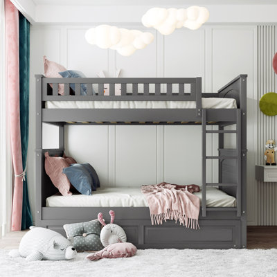 Bunk Bed With Trundle, Pine Wood Bunk Bed With Guardrails